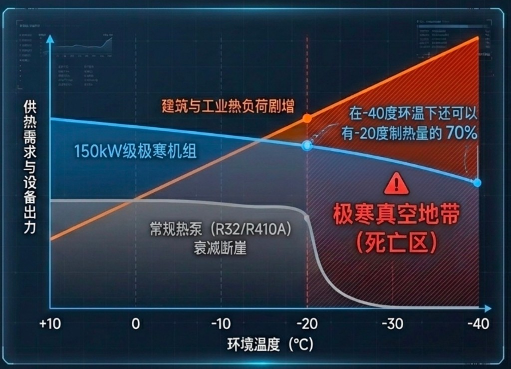 Heating load vs heat pump output from +10 °C to −40 °C ambient: conventional R32/R410A cliff vs 150 kW-class extreme-cold unit.